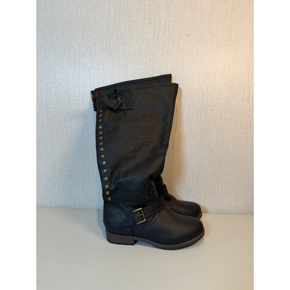 Black Tall Moto Boots Zipper Studded Buckle Straps Size 8 XWC